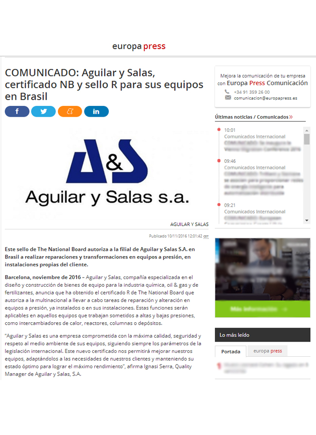 Aguilar y Salas S.A., Europa Press, Noviembre 2016 – Agencia de comunicación España, Agencia de comunicación Portugal, Agencia de comunicación Barcelona