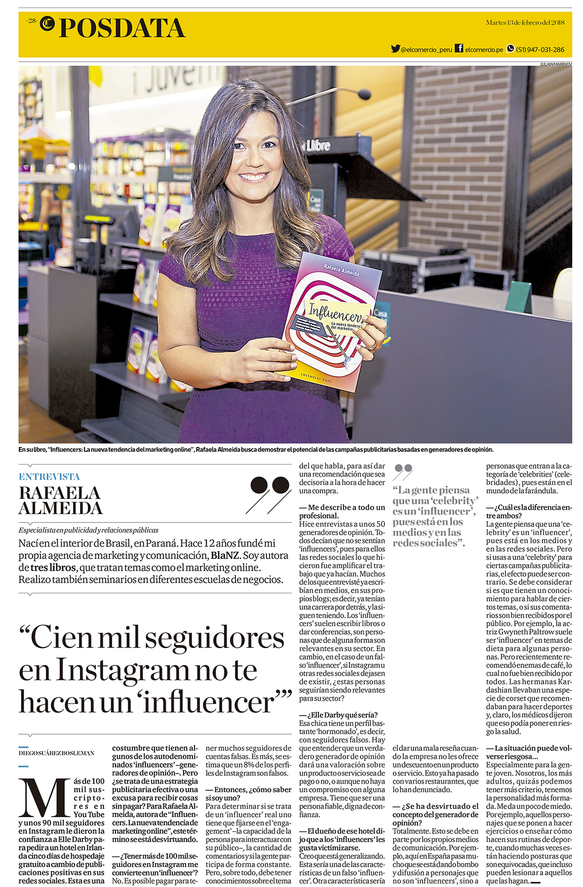 El Comercio – Perú – Entrevista Rafaela Almeida – Libro Influencers, Influencers, Marketing de Influencers