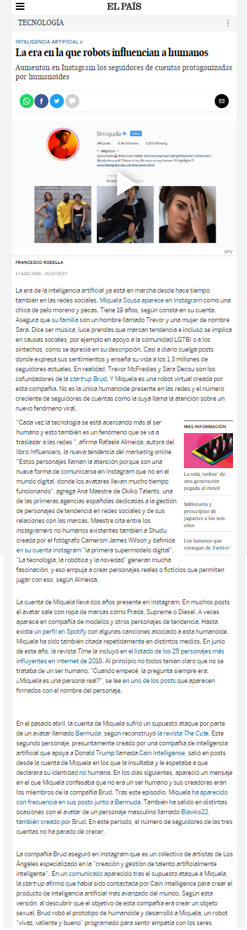 Opinión de Rafaela Almeida publicada por El País: La era en la que robots influencian a humanos