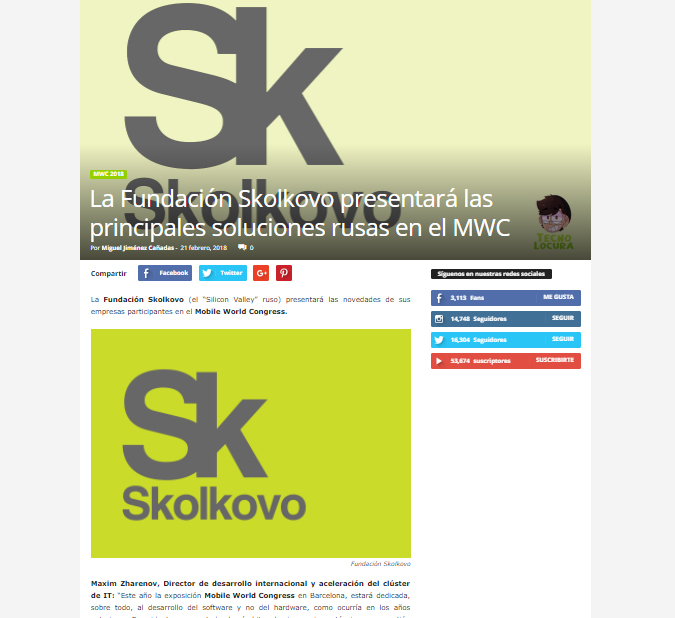 Skolkovo – Mobile World Congress 2018 – Tecnolocura – PR Agency Spain, Marketing Agency Barcelona