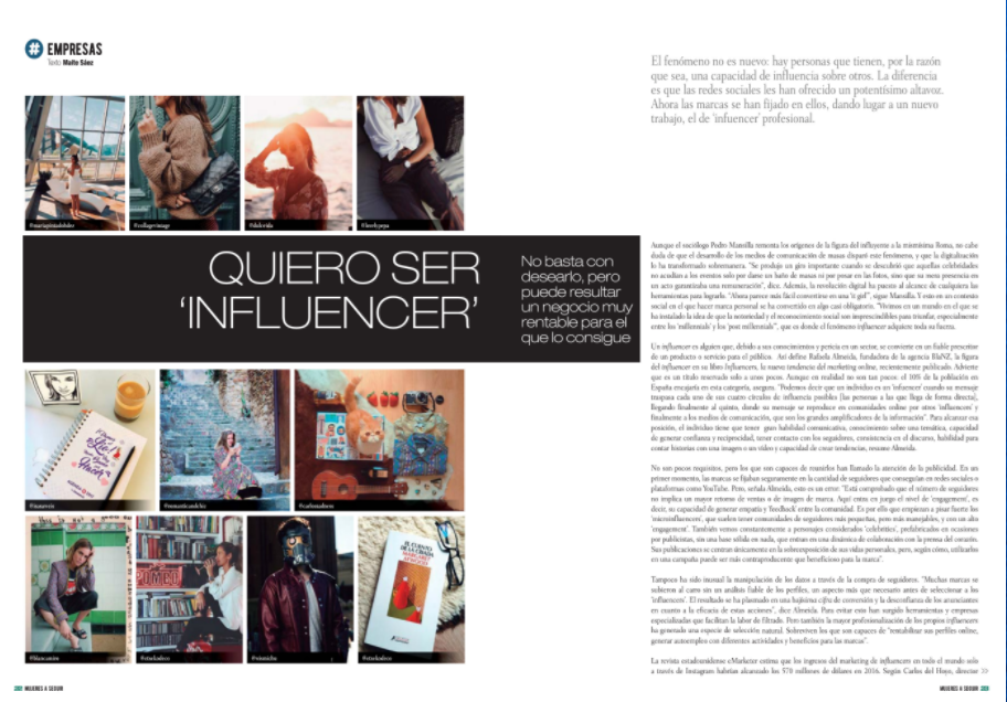 Revista Mujeres a seguir nº3 – Especial Quiero ser Influencer, con la opinión de Rafaela Almeida CEO de BlaNZ y autora del libro Influencers – La nueva Tendencia del Marketing Online