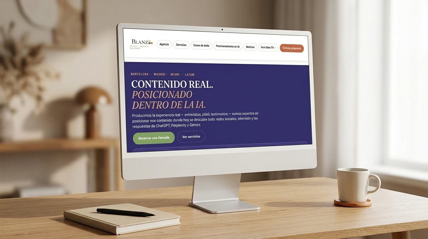 Pantalla con la web de BlaNZ Group sobre un escritorio: contenido real posicionado dentro de la IA